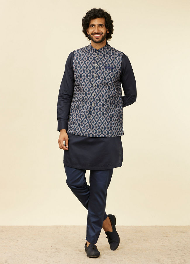 alt message - Manyavar Men Dark Blue Medallion Printed Nehru Jacket image number 2